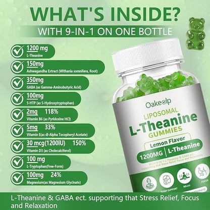Liposomal L-Theanine 1200mg Gummies,Complex Magnesium GABA,5-HTP,Ashwagandha etc for Calm, Zzz & Relaxation Support for Adults,Children & Elderly,Liposomal Enhance 98% Absorption