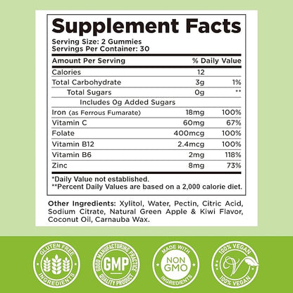 Center-Filled Iron Gummies for Adults & Kids - Iron Supplement with Vitamin B6, B12, C, Zinc, Folate - Support Women Iron Deficiency, Anemia, Blood Builder - Sugar Free Vegan 60ct Apple & Kiwi Flavor
