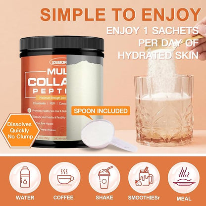 ZEBORA Multi-Collagen-Peptides-Powder with MSM & CS for Joint, Type I II III V X Hydrolyzed Collagen Peptides with Hyaluronic Acid & Vitamin C for Women and Men Hair, Skin, Nails, Non-GMO, 35 Servings