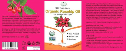 Organic Rosehip Seed Oil for Face, USDA Certified, Cold Pressed, Unrefined, 100% Pure Natural Rose Hip Oil for Anti-Aging, Acne Scar Treatment, Skin & Hair Care, Gua Sha Massage, 1 fl.oz / 30ml