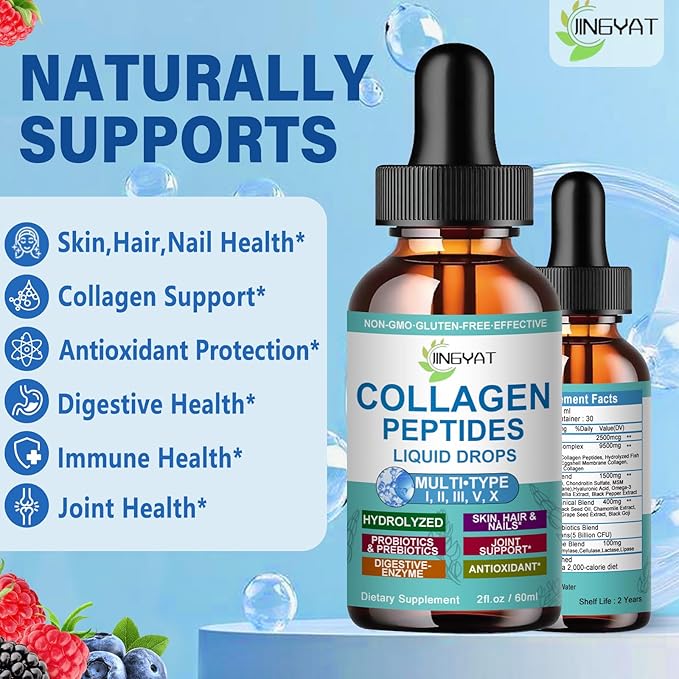 Collagen Peptides Liquid Drops, Multi Collagen Peptide for Skin Hair Nail Joints Bones Gut Health, Hydrolyzed Liquid Collagen Peptides w/Glucosamine Chondroitin MSM Biotin Vitamins for Women and Men