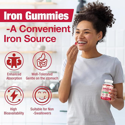 Iron Supplement Gummies, Vegan Iron Supplement for Women & Men, Healthy Blood, Energy & Immune Support, Strawberry Flavor, 60 Count