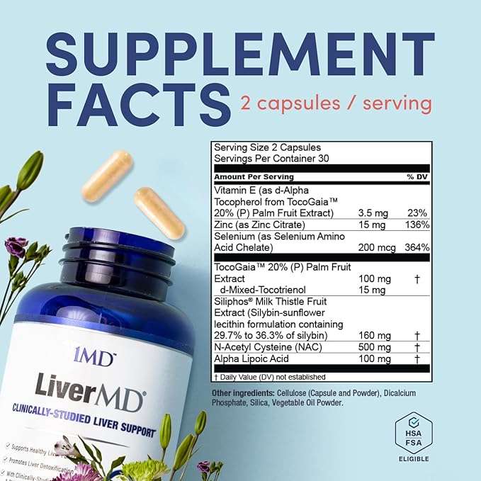 1MD LiverMD - Liver Support Supplement | Siliphos Milk Thistle Extract - Highly Bioavailable, for Liver Support | 60 Capsules (2-Pack)