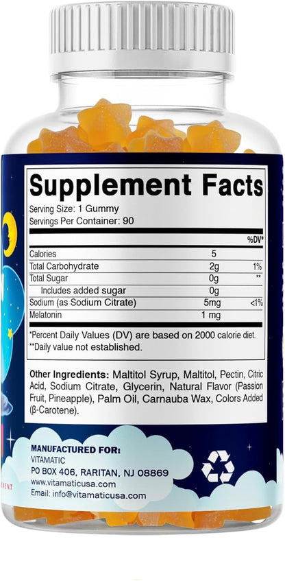 Vitamatic Sugar Free Kids Melatonin 1mg, 90 Gummies, Pineapple & passionfruit Flavored Gummies, 90 Days Supply (Pack of 2)