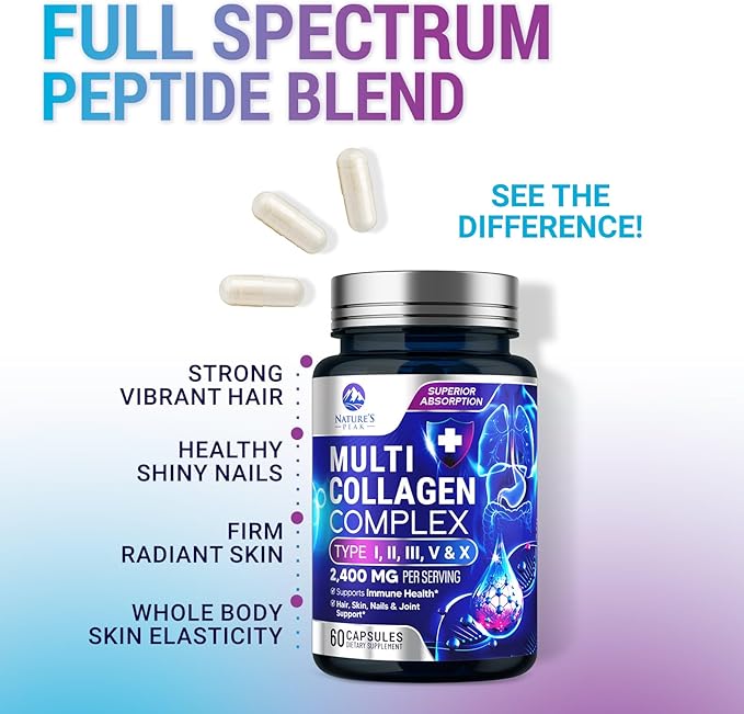 Multi Collagen Peptides Supplement for Hair, Nail, Skin - Type I, II, III, V, X, Collagen Powder Pills - Grass-Fed, Hydrolyzed for Bone and Joint Support for Women & Men, Non-GMO - 60 Capsules