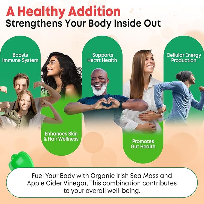 Apple Cider Vinegar Gummies with Sea Moss for Metabolism, Digestion, Detox, Gut & Immune Health, Apple Flavored - 60 Count