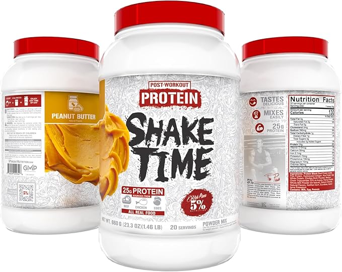 5% Nutrition Rich Piana Shake Time | 24g Animal Based Protein Drink | Grass-Fed Beef Isolate, Chicken, Egg | No Sugar or Soy (Peanut Butter)