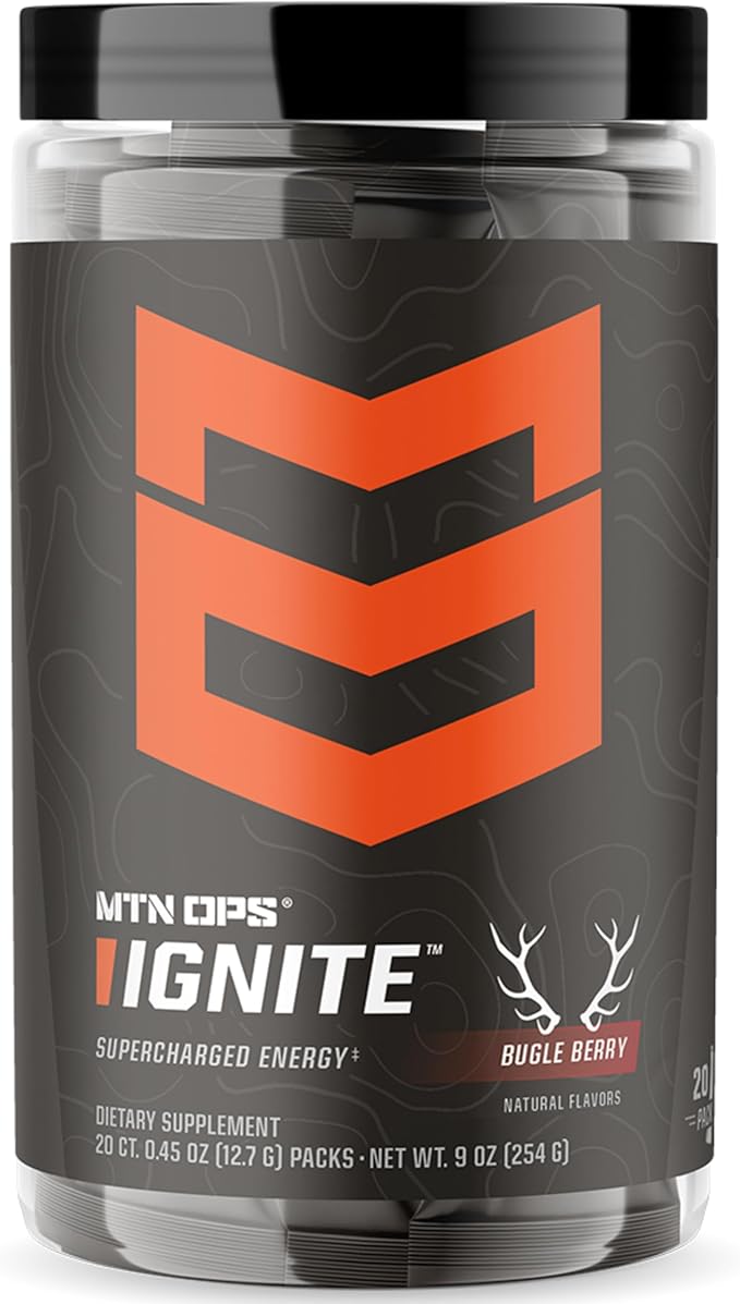 MTN OPS Ignite Sugar Free Energy Drink Powder Trail Packs with 200mg Caffeine, Travel Pre Workout Packets for to-Go Energy, Nootropic Blend, L Arginine & L Citrulline, 20 Servings, Bugle Berry