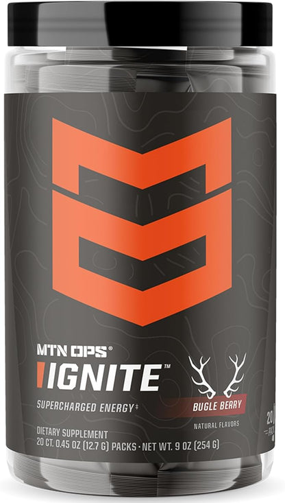 MTN OPS Ignite Sugar Free Energy Drink Powder Trail Packs with 200mg Caffeine, Travel Pre Workout Packets for to-Go Energy, Nootropic Blend, L Arginine & L Citrulline, 20 Servings, Bugle Berry