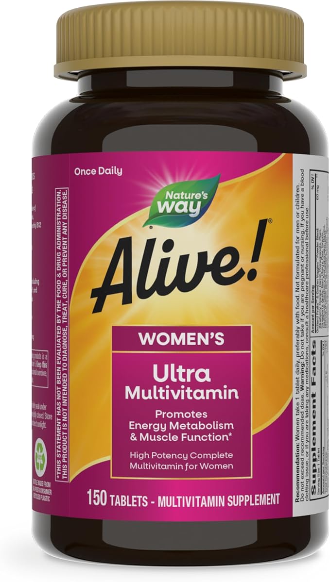 Nature's Way Alive! Ultra Multivitamin for Women, Complete Daily Women's Vitamins, High Potency Formula, Promotes Energy Metabolism and Muscle Function*, Vitamin A, C, D, Methylated B12, 150 Tablets