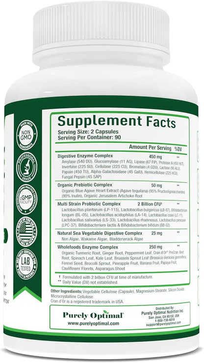 Purely Optimal Digestive Enzymes for Women and Men – Multi-Enzyme Supplement for Bloating Relief, Digestion and Heavy Meal Support – with Probiotics and Prebiotics for Gut Health – 180 Capsules