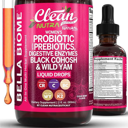 Liquid Probiotics for Women Drops with Chasteberry, Black Cohosh, Prebiotics, Digestive Enzymes, Evening Primrose Oil, Wild Yam, Cranberry Dmannose and Iron Vitamin D3 K2 Clean Nutra Bella Biotics