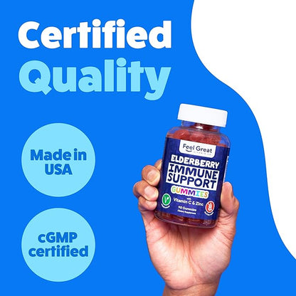 Feel Great Sambucus Elderberry Gummies with Zinc and Vitamin C for Adults | Immune Support Booster | Berry Flavored Vegan Supplement | 90 Day Supply 