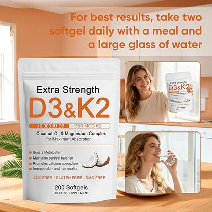 Vitamin D3 K2 Magnesium Complex, Extra Strength D3 & K2 with Triple Magnesium Softgels, D3 + K2 (Mk-7) | Support Bone & Immune | Improve Energy | Non-GMO, 200 Softgels (1) (1)
