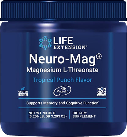 Life Extension Neuro-Mag Magnesium L-Threonate Powder (Tropical Punch) - Ultra-Absorbable Magnesium - Supports Memory, Focus, Cognitive Function & Mood - Gluten free, Non-GMO, Vegetarian (30 Servings)
