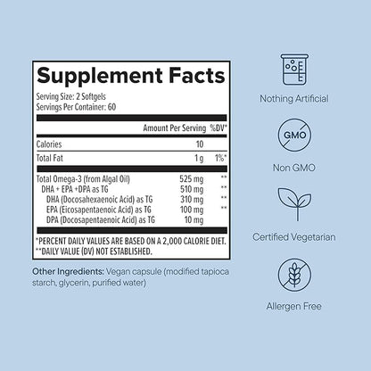 Zenwise Health Vegan Omega 3 Supplement - Burpless Omega 3 Supplement with DHA, EPA & DPA Fatty Acids for Immune Health - Fish Oil Alternative from Sustainably Sourced Marine Algae Oil - 120 Softgels