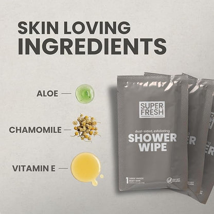 Super Fresh Shower Wipes Large Sandalwood Body Wipes for No Rinse Bathing Personal Hygiene Gym Travel or Camping Enriched with Aloe and Vitamin E 50 Individually Wrapped Disposable Sheets