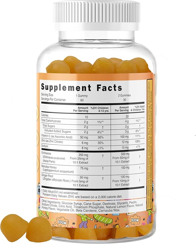 Generic 5-in-1 Kid's Immune Support Gummy, Manuka Honey, Vitamin C, Zinc, Echinacea, Ginger, Gummy Supplement, Essential Immune Support Gummies for Daily Use, Natural Citrus Flavored - 60 Count