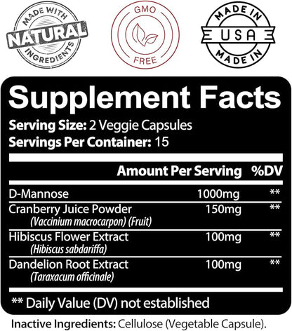 Kaya Naturals - D-Mannose - Urinary Tract UT Cleanse & Bladder Health - Made with Cranberry, Hibiscus & Dandelion Root - D Mannose Capsules Cranberry Supplement - 30 Veggie Capsules