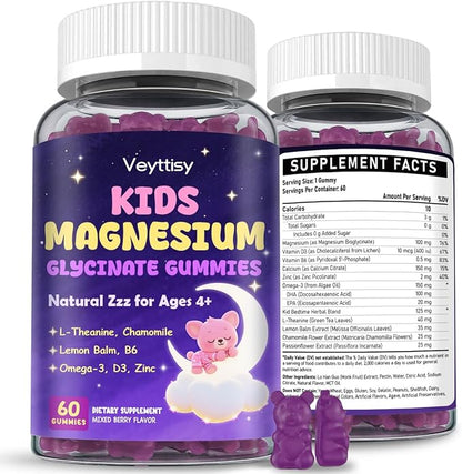 Magnesium Glycinate Gummies for Kids 4+: Sugar Free Magnesium Bisglycinate Gummy with Chamomile, L-Theanine, Lemon Balm, B6, Omega 3, Zinc - Gluten Free, Non-GMO, Vegan, Mixed Berry Flavor