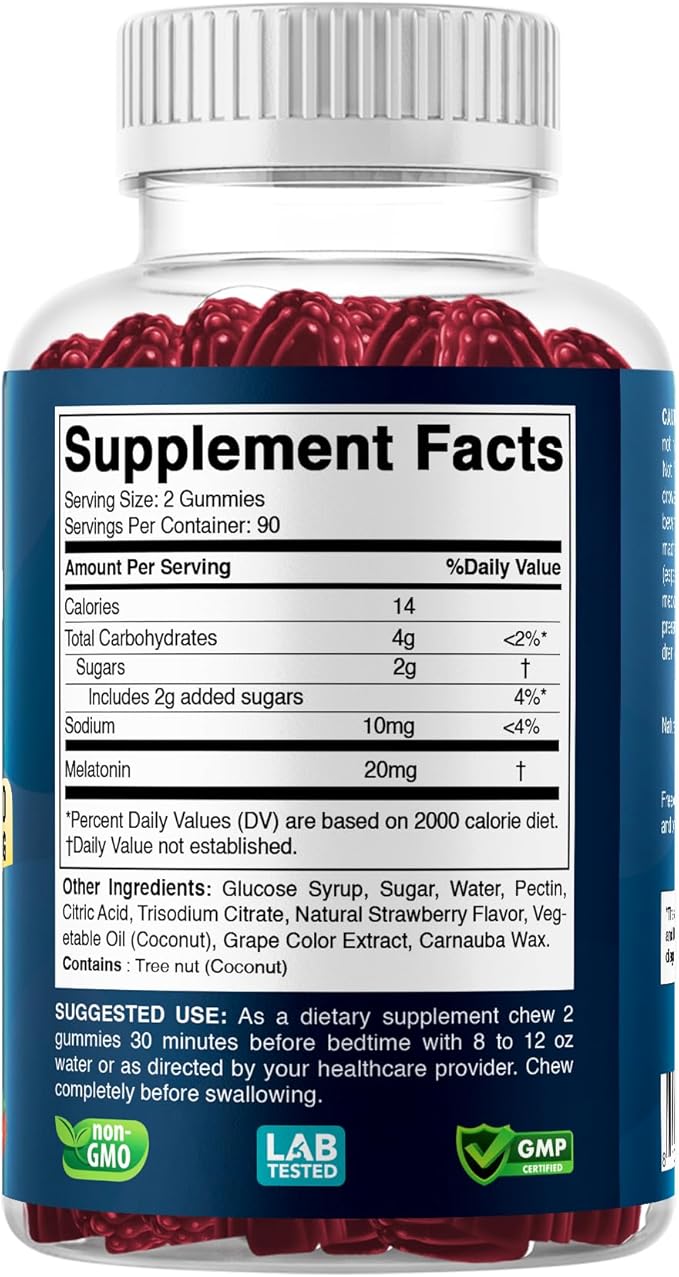 Vitabod Melatonin 20mg Gummies - 180 Count - Drug Free - Natural Strawberry Flavor - Vegetarian, Non-GMO, Gluten Free (3 Bottles)