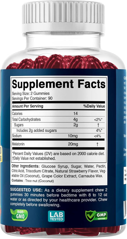 Vitabod Melatonin 20mg Gummies - 180 Count - Drug Free - Natural Strawberry Flavor - Vegetarian, Non-GMO, Gluten Free (3 Bottles)
