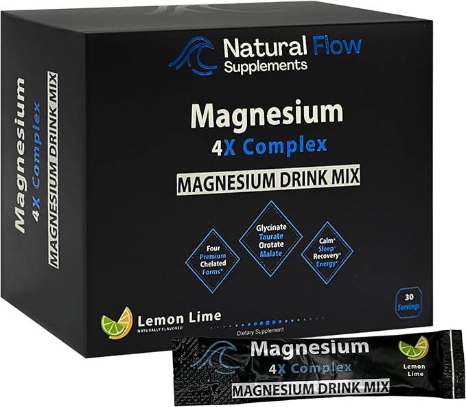 Magnesium Powder Drink Mix - Lemon/Lime - Natural Flow 4X Magnesium Glycinate, Taurate, Malate, Orotate Supplement, Calm Sleep and Cramp Support Blend, No Mag Citrate or Oxide, 30 Packs (Drink Mix)