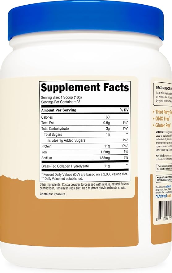 Nutricost Collagen Peptides Powder (Chocolate Peanut Butter Flavored) 1 LB - Grass-Fed Collagen Hydrolysate, Gluten-Free