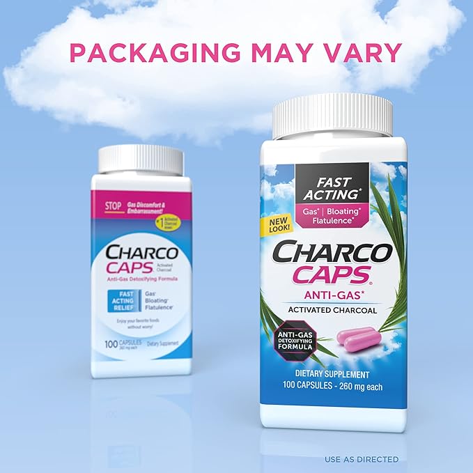 Charcocaps Fast Acting Gas Relief for Bloating & Flatulence, Drug Free Detoxifying Activated Charcoal Formula, 100 Capsules, 30 Day Supply, Pink