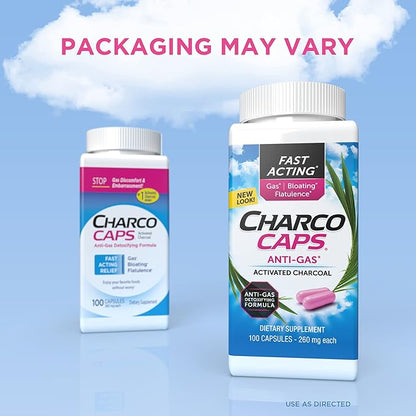Charcocaps Fast Acting Gas Relief for Bloating & Flatulence,Drug Free Detoxifying Activated Charcoal Formula,100 Capsules,30 Day Supply,Pink,(Pack of 2)