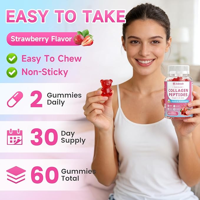 Collagen Gummies for Women & Men, Hydrolyzed Collagen Peptides (Type I, II, III, V, X) with Biotin, Hyaluronic Acid, MultiVitamins, Supports Healthy Skin, Thick Hair &Strong Nails, Sugar Free, 60Cts