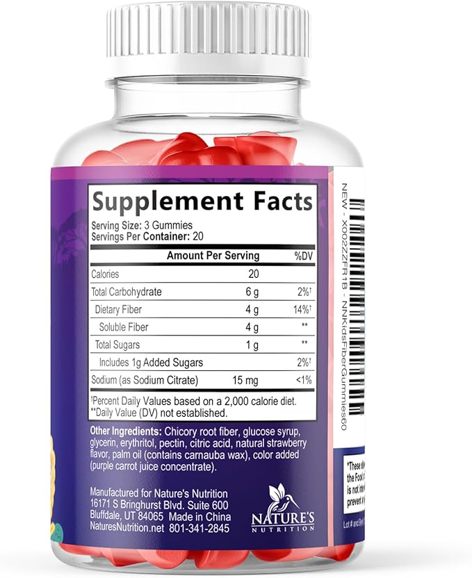Fiber Gummies for Kids - Dietary Fiber 4g Per Serving - Daily Kids Fiber Gummy Supplement - Soluble Inulin Prebiotic Gummy for Digestive Health Support - Plant-Based Regularity Support - 60 Gummies