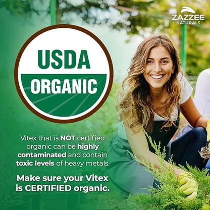 Zazzee USDA Organic Vitex 4:1 Extract, 120 Vegan Capsules, 4 Month Supply, Chaste Berry, Hormonal Balance & Cycle Support for Women, Certified Kosher, Vitex Agnus-Castus, Non-GMO, Made in the USA