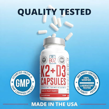 Dr. Boz - K2+D3 Capsules, 66 Servings - Vitamin D3 K2 Supplement with BioPerine - Bone & Heart Health - Enhanced Absorption - Quality Tested - Made in the USA - 5000iu (D3) - 4000iu (K2) - Self Care