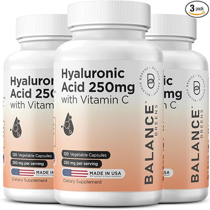 Pure Hyaluronic Acid Supplement 250mg with Vitamin C 50mg, 120 Vegan Capsules - Skin Hydration for Natural Glow, Hair, Nails, Bone & Joint Health Formula