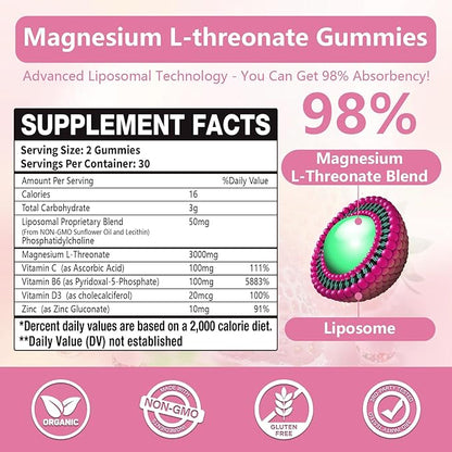 3000mg High-Potency Liposomal Magnesium Threonate Gummies, Magnesium L-Threonate Supplements, Liposomal Enhance 98% Absorption, Muscle & Nervous System Support for Adults & Kids, Strawberry Flavor