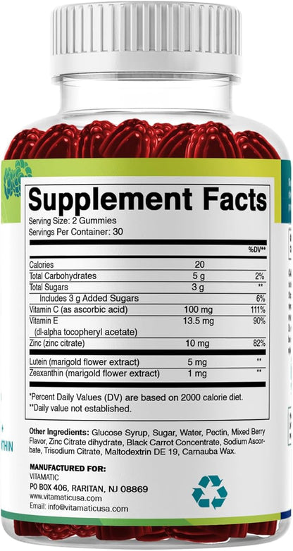 Vitamatic Eye Health Gummies with Lutein, Zeaxanthin, Vitamin C, E & Zinc – Mixed Berry Flavor – 60 Gummies –Non-GMO, Gluten-Free