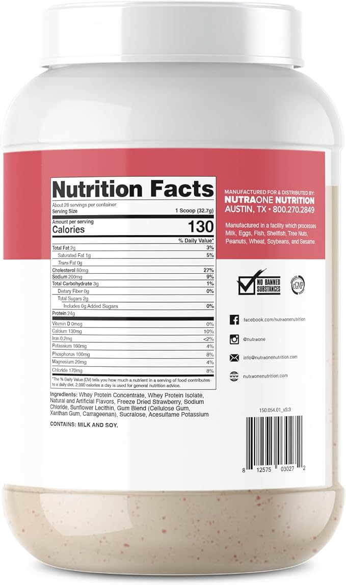 NutraOne ProteinOne Whey Protein Promote Recovery and Build Muscle with a Protein Shake Powder for Men & Women (Strawberry Milkshake, 2 LB)