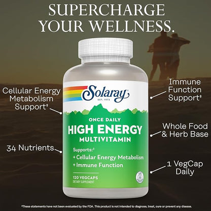 SOLARAY Once Daily High Energy Multivitamin for Women and Men – with Vitamin C, Vitamin D and Whole Food & Herb Base - Cellular Energy Metabolism & Immune Function Support – 120 Servings, 120 VegCap