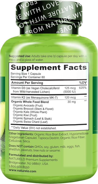 NATURELO Vitamin D3 K2 - Vegan with Plant Based D3 from Lichen - Natural Supplement for Immune System, Bone Support, Heart Health - Whole Food - Non-GMO - Gluten Free, 60 Capsules