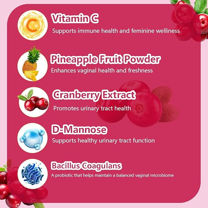 Feminine Probiotics Gummies, Vaginal Health & Women's pH Balance Gummy Supplement with Cranberry Pineapple Powder, Sugar Free Vegan, 60 Count (Cranberry)