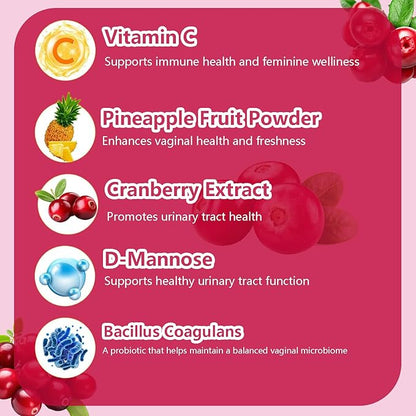 Feminine Probiotics Gummies, Vaginal Health & Women's pH Balance Gummy Supplement with Cranberry Pineapple Powder, Sugar Free Vegan, 60 Count (Cranberry)