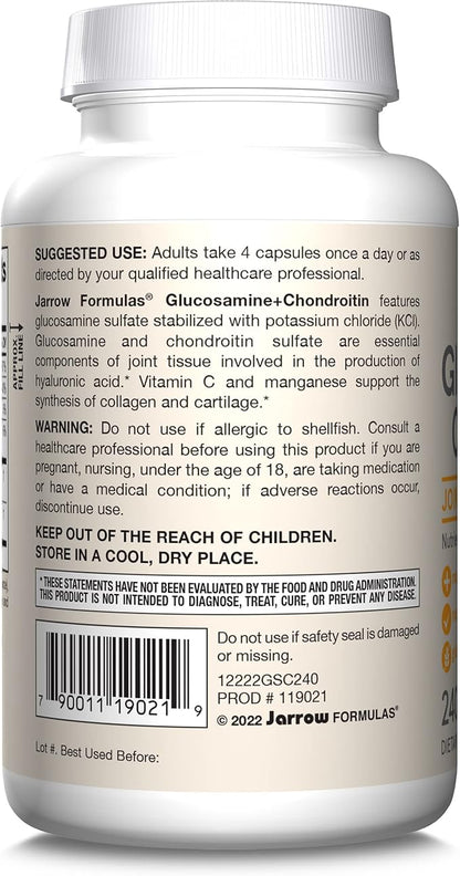 Jarrow Formulas Glucosamine + Chondroitin - 240 Capsules - Nutrient Support - Dietary Supplement for Joint Health - with Vitamin C & Manganese - 60 Servings