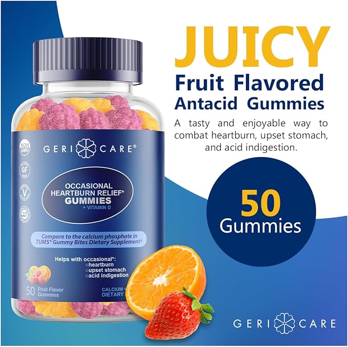 GeriCare Antacid with Vitamin D Gummies, Compare to TUMS Gummy Bites, Fruit Flavor, 50 Count, Non-GMO, Gluten-Free, Vegan, Naturally Sourced for Heartburn, Upset Stomach & Acid Indigestion (1 Pack)