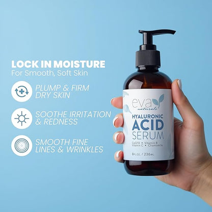 Eva Naturals Anti-Aging Hyaluronic Acid Serum For Face - Professional & Potent Hydrating Anti-Wrinkle Formula For Fine Line & Uneven Skin Tone - Contains Vitamin C, B, & E, Paraben Free (8 Oz)