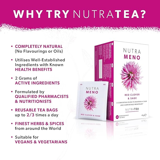 Nutra Tea NutraMeno - Menopause Tea, Red Clover Tea - Perimenopause & Menopause Relief For Women - Includes Red Clover, Sage & Rose - 40 Individually Wrapped Bags - Herbal Infusion (2 Pack)