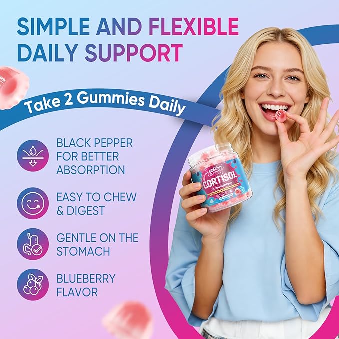 Cortisol Gummies for Women & Men, 19-IN-1 High Cortisol Reducer Supplement w/B Vitamins, Magnesium Glycinate, Ashwagandha, Saffron, Lion's Mane, Reshi for Relaxation, Focus & Balance Support, 60 Cout