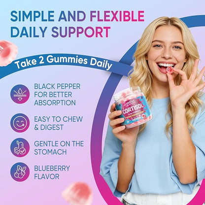 Cortisol Gummies for Women & Men, 19-IN-1 High Cortisol Reducer Supplement w/B Vitamins, Magnesium Glycinate, Ashwagandha, Saffron, Lion's Mane, Reshi for Relaxation, Focus & Balance Support, 60 Cout