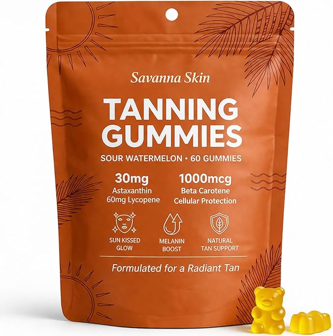 Savanna Skin Sunless Tanning Gummies for Natural Bronze Glow - with Beta Carotene, Vitamin C & E - Vegan & Sugar-Free Skin Hydration Supplement - 60 Count