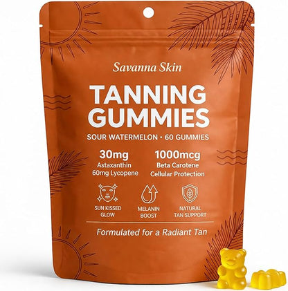Savanna Skin Sunless Tanning Gummies for Natural Bronze Glow - with Beta Carotene, Vitamin C & E - Vegan & Sugar-Free Skin Hydration Supplement - 60 Count